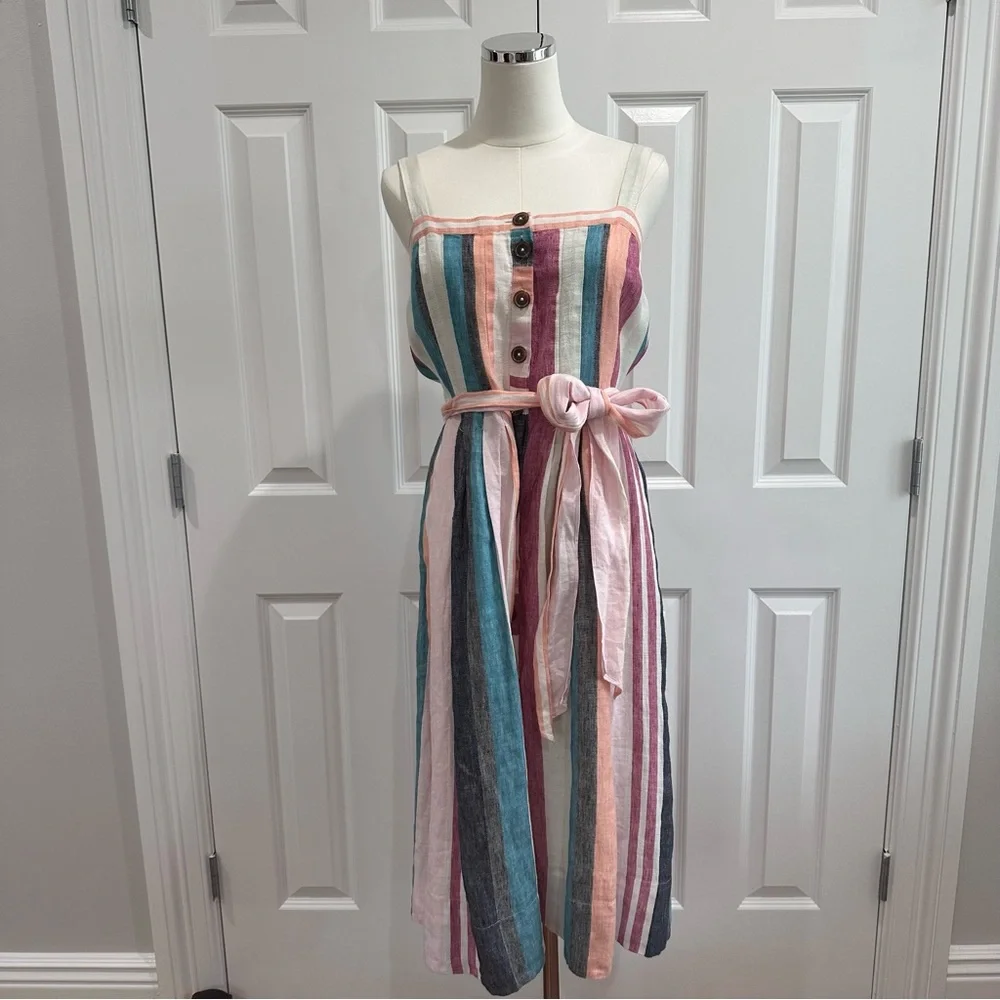 J. Crew LINEN Stripped Light Textured Spaghetti Strap, Button down Midi Size 10 - Picture 4 of 15